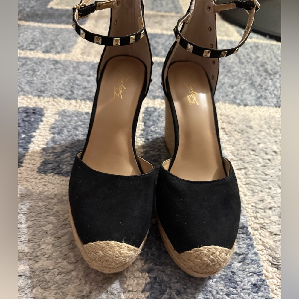 Black Espadrille Wedge Sandals with Studded Ankle Strap